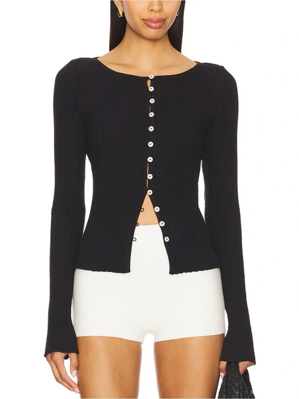 Free People Tilly Long Sleeve Black Ribbed Button-Top